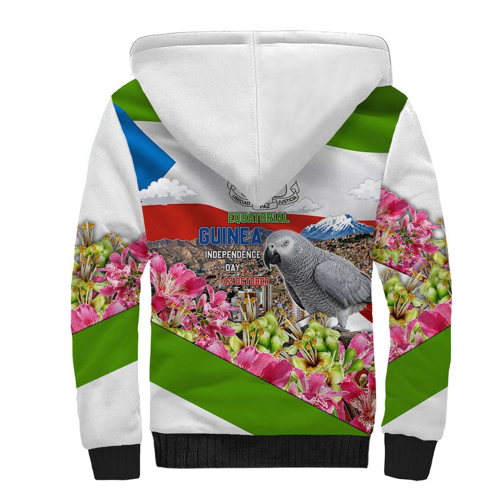 Equatorial Guinea Independence Day Parrot Sherpa Hoodie Patriotic Flag Coat Of Arms Tropical Floral