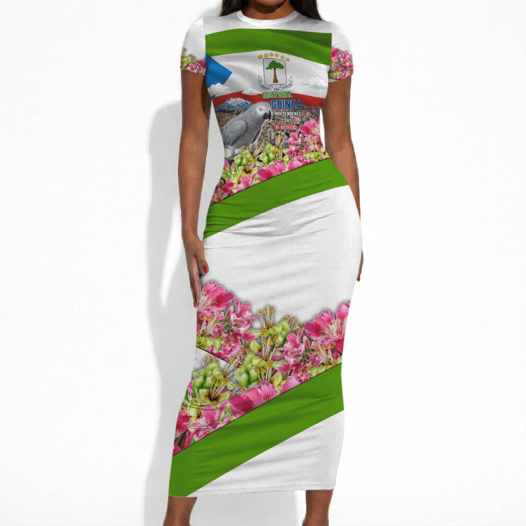 Equatorial Guinea Independence Day Parrot Short Sleeve Bodycon Dress Patriotic Flag Coat Of Arms Tropical Floral