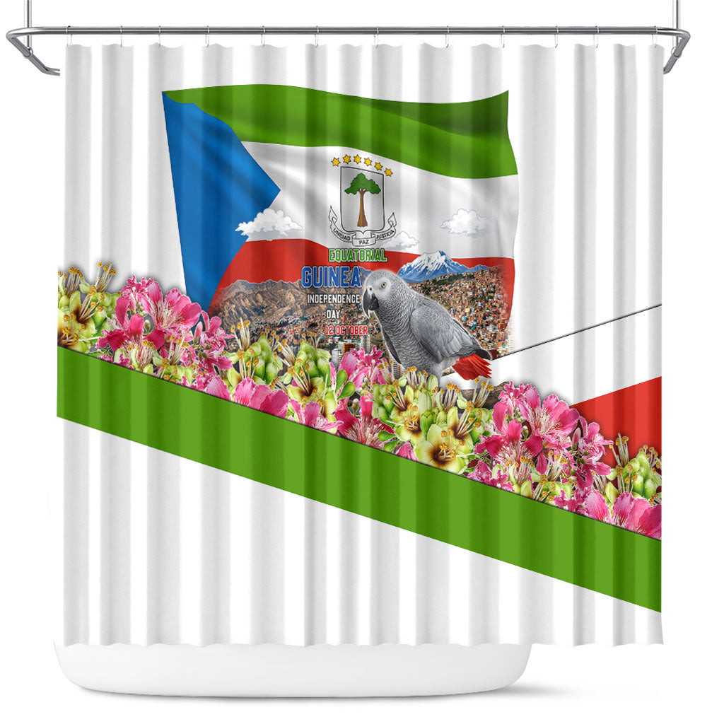 Equatorial Guinea Independence Day Parrot Shower Curtain Patriotic Flag Coat Of Arms Tropical Floral