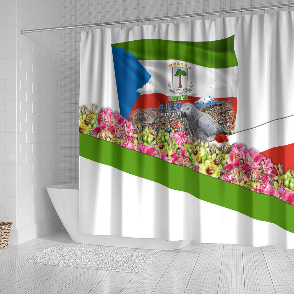 Equatorial Guinea Independence Day Parrot Shower Curtain Patriotic Flag Coat Of Arms Tropical Floral