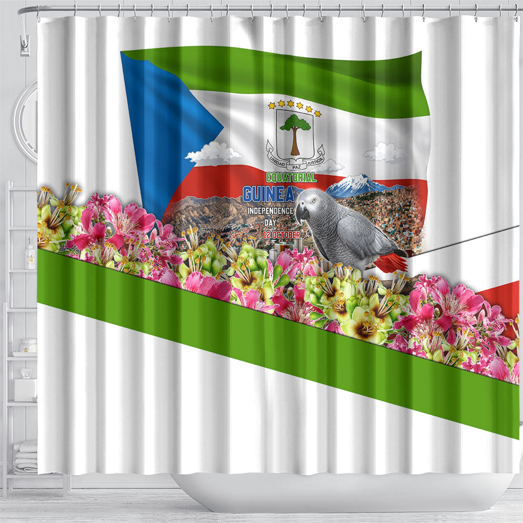 Equatorial Guinea Independence Day Parrot Shower Curtain Patriotic Flag Coat Of Arms Tropical Floral