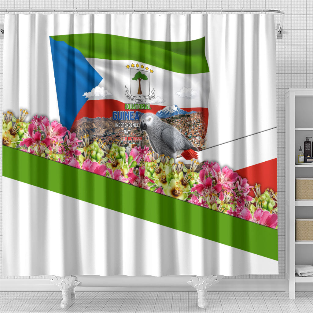Equatorial Guinea Independence Day Parrot Shower Curtain Patriotic Flag Coat Of Arms Tropical Floral
