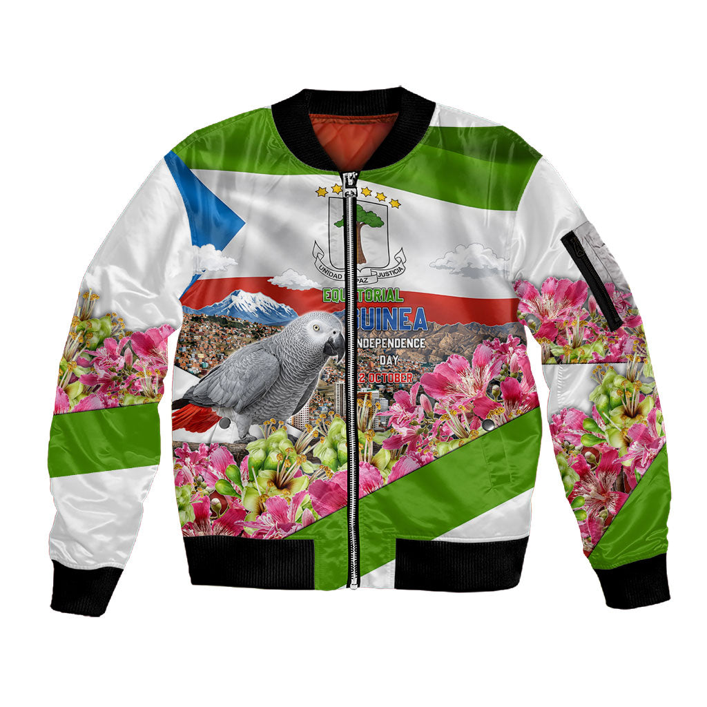 Equatorial Guinea Independence Day Parrot Sleeve Zip Bomber Jacket Patriotic Flag Coat Of Arms Tropical Floral