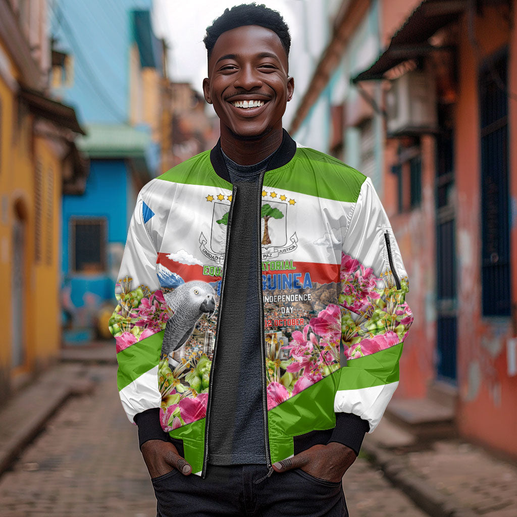 Equatorial Guinea Independence Day Parrot Sleeve Zip Bomber Jacket Patriotic Flag Coat Of Arms Tropical Floral