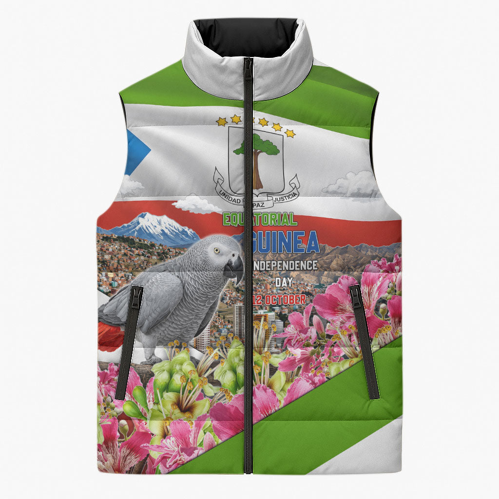 Equatorial Guinea Independence Day Parrot Sleeveless Puffer Jacket Patriotic Flag Coat Of Arms Tropical Floral