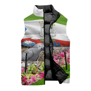 Equatorial Guinea Independence Day Parrot Sleeveless Puffer Jacket Patriotic Flag Coat Of Arms Tropical Floral