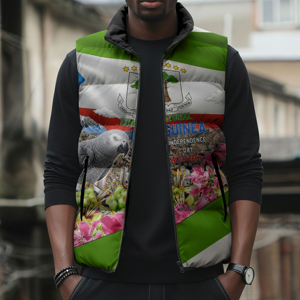 Equatorial Guinea Independence Day Parrot Sleeveless Puffer Jacket Patriotic Flag Coat Of Arms Tropical Floral