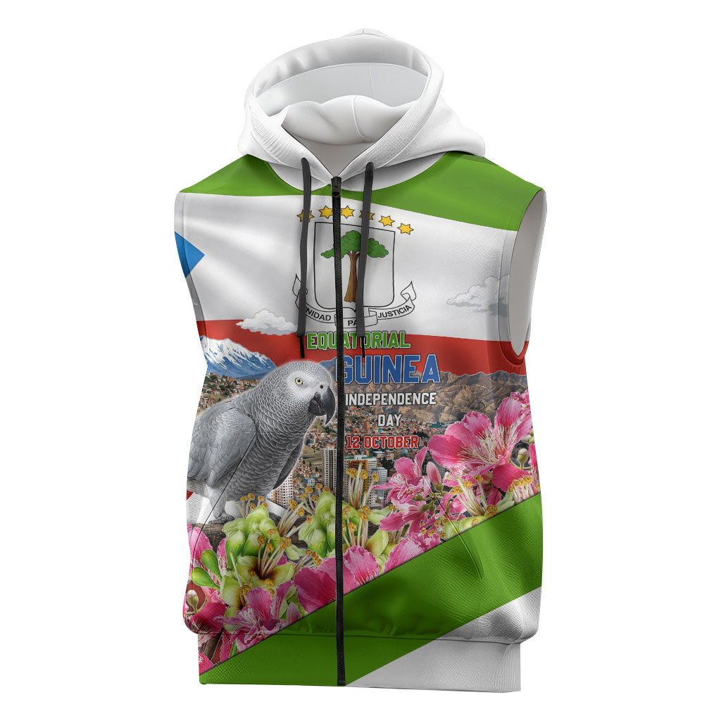 Equatorial Guinea Independence Day Parrot Sleeveless Zip Hoodie Patriotic Flag Coat Of Arms Tropical Floral