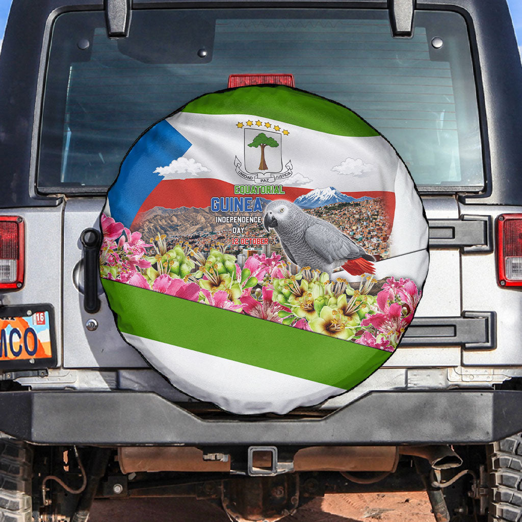 Equatorial Guinea Independence Day Parrot Spare Tire Cover Patriotic Flag Coat Of Arms Tropical Floral