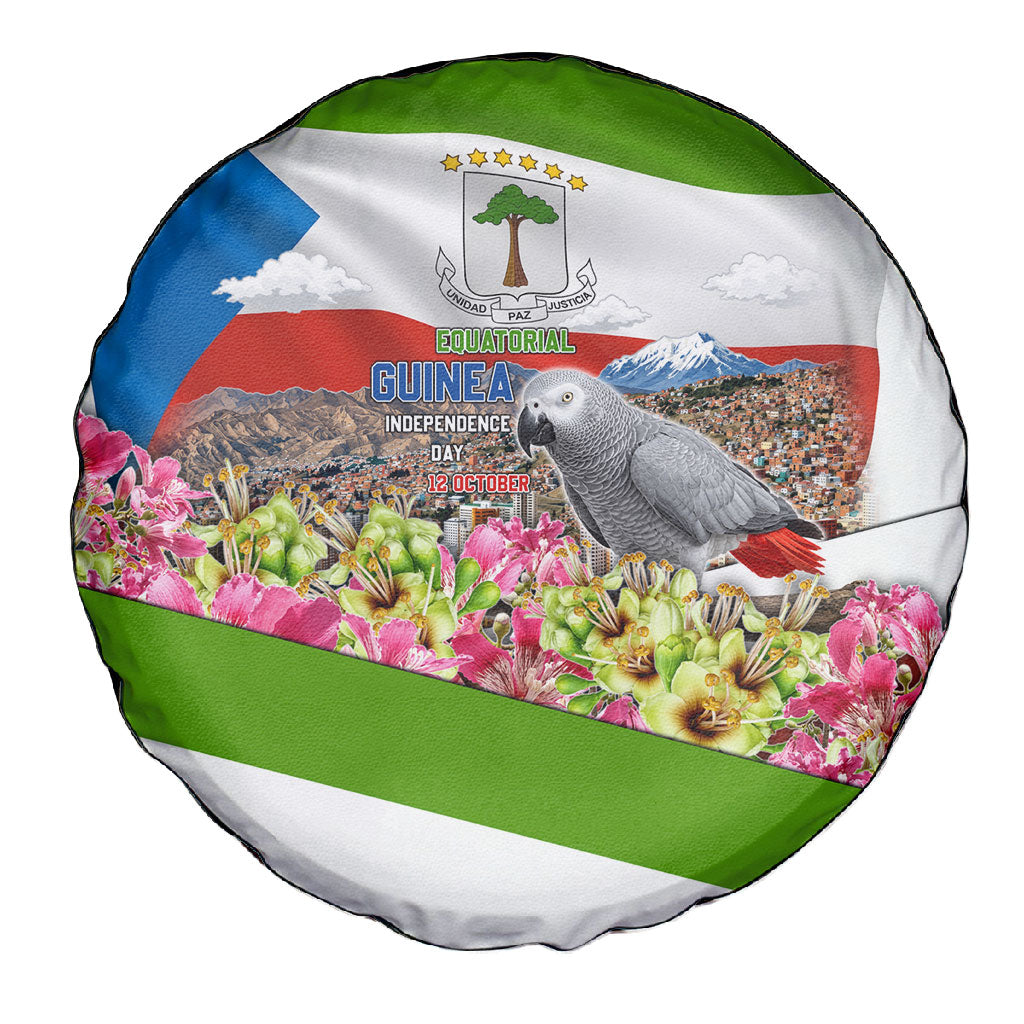 Equatorial Guinea Independence Day Parrot Spare Tire Cover Patriotic Flag Coat Of Arms Tropical Floral