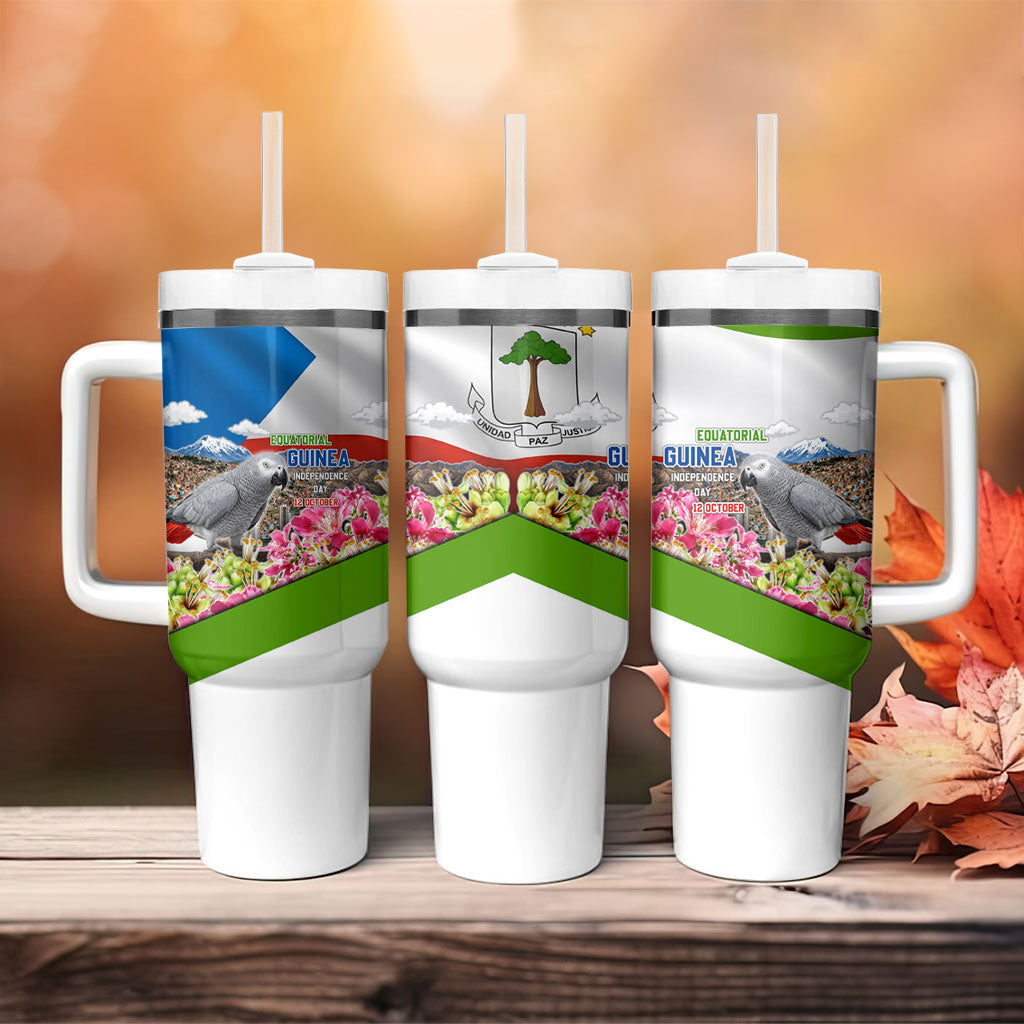 Equatorial Guinea Independence Day Parrot Tumbler With Handle Patriotic Flag Coat Of Arms Tropical Floral