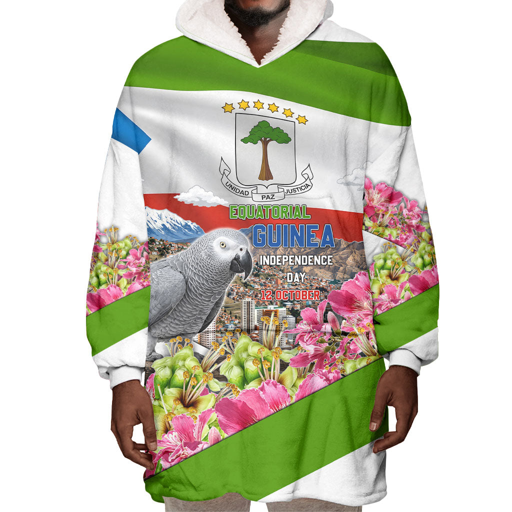 Equatorial Guinea Independence Day Parrot Wearable Blanket Hoodie Patriotic Flag Coat Of Arms Tropical Floral