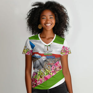 Equatorial Guinea Independence Day Parrot Women V-Neck T-Shirt Patriotic Flag Coat Of Arms Tropical Floral