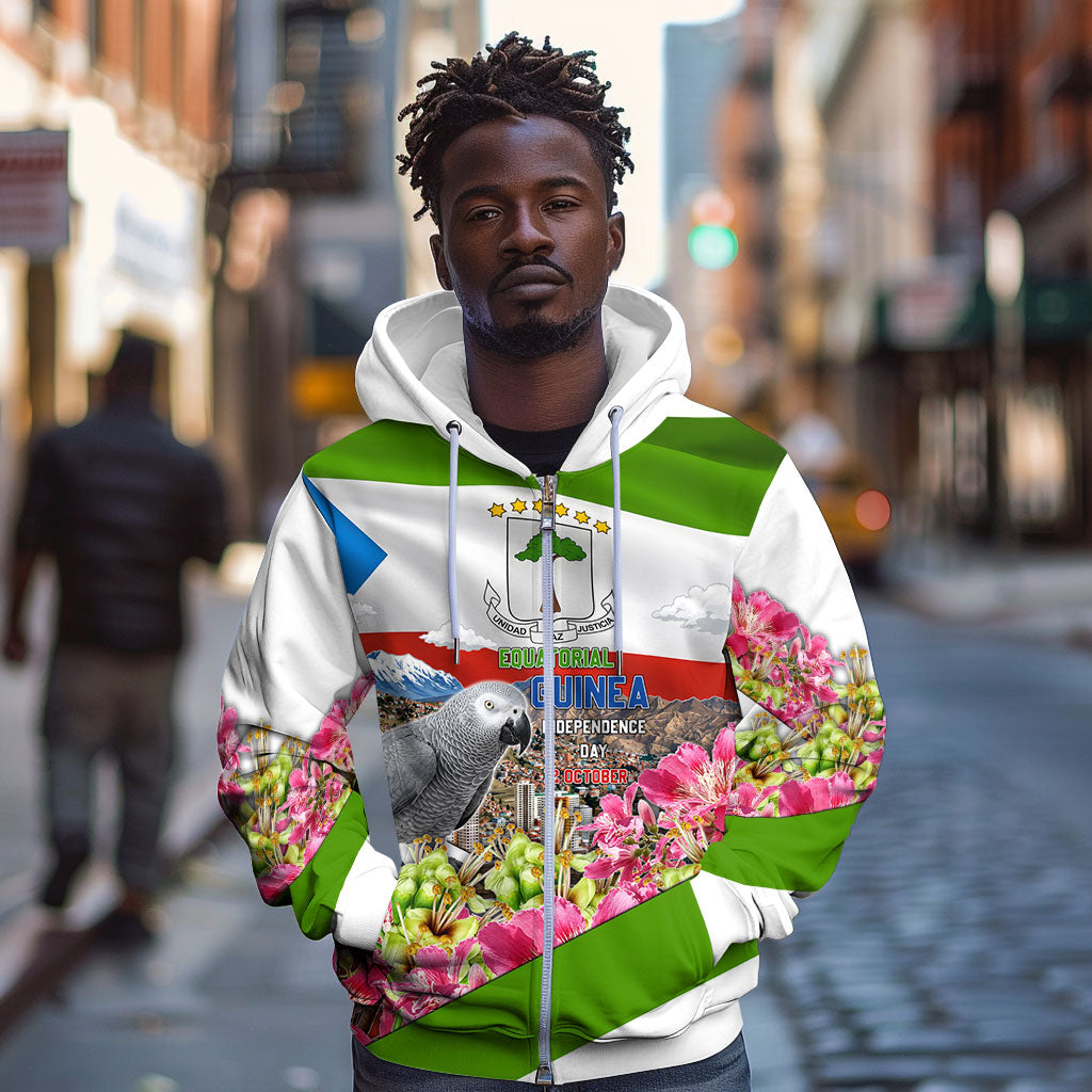 Equatorial Guinea Independence Day Parrot Zip Hoodie Patriotic Flag Coat Of Arms Tropical Floral