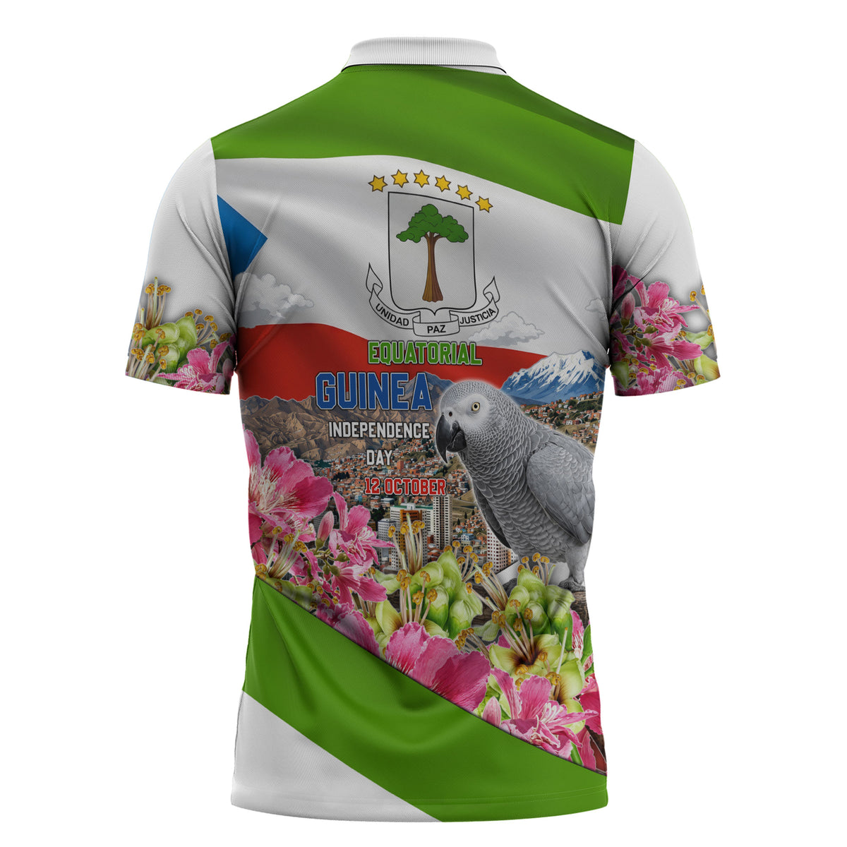 Equatorial Guinea Independence Day Parrot Zipper Polo Shirt Patriotic Flag Coat Of Arms Tropical Floral