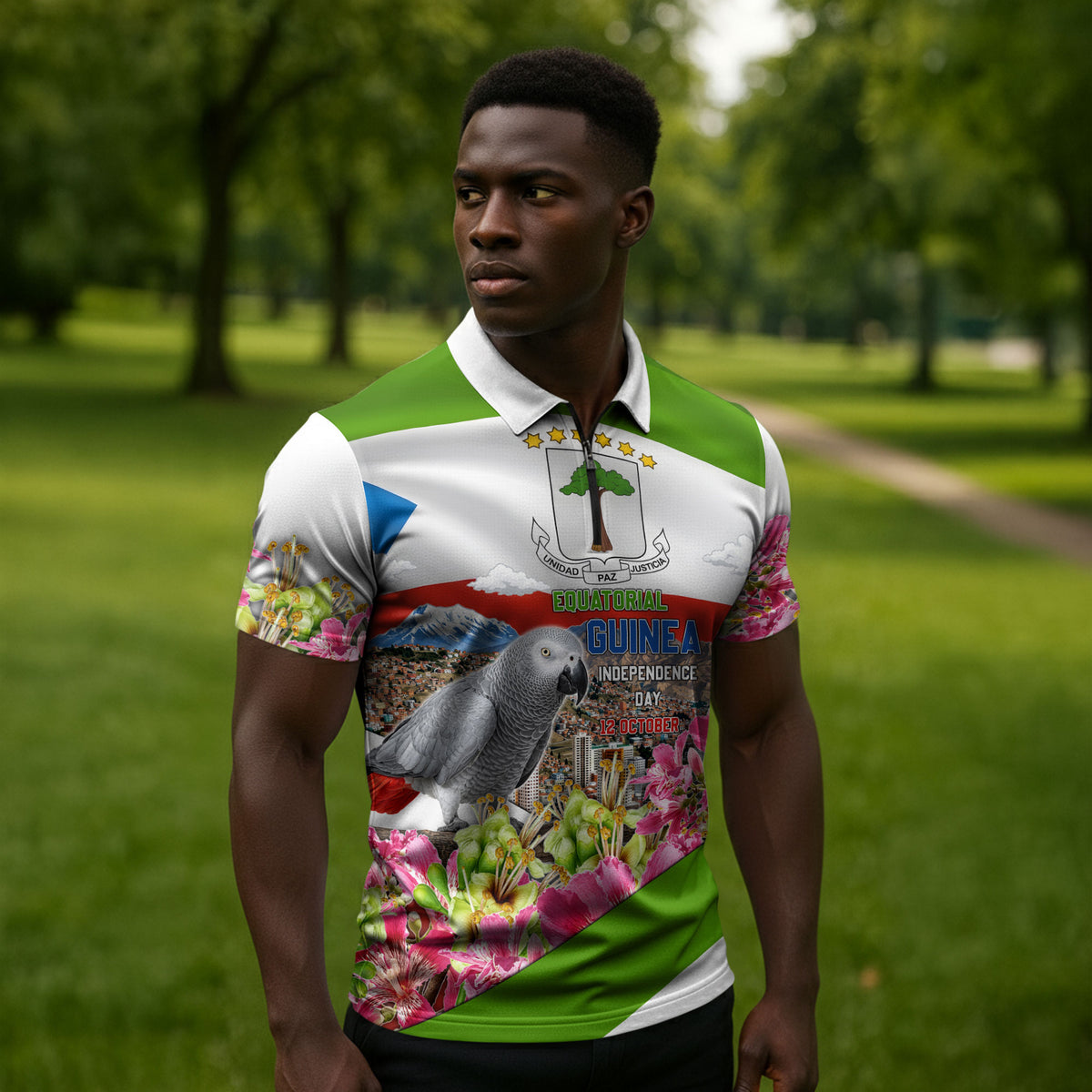 Equatorial Guinea Independence Day Parrot Zipper Polo Shirt Patriotic Flag Coat Of Arms Tropical Floral