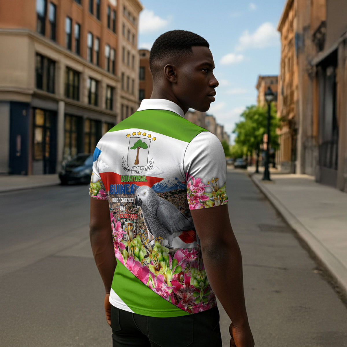 Equatorial Guinea Independence Day Parrot Zipper Polo Shirt Patriotic Flag Coat Of Arms Tropical Floral