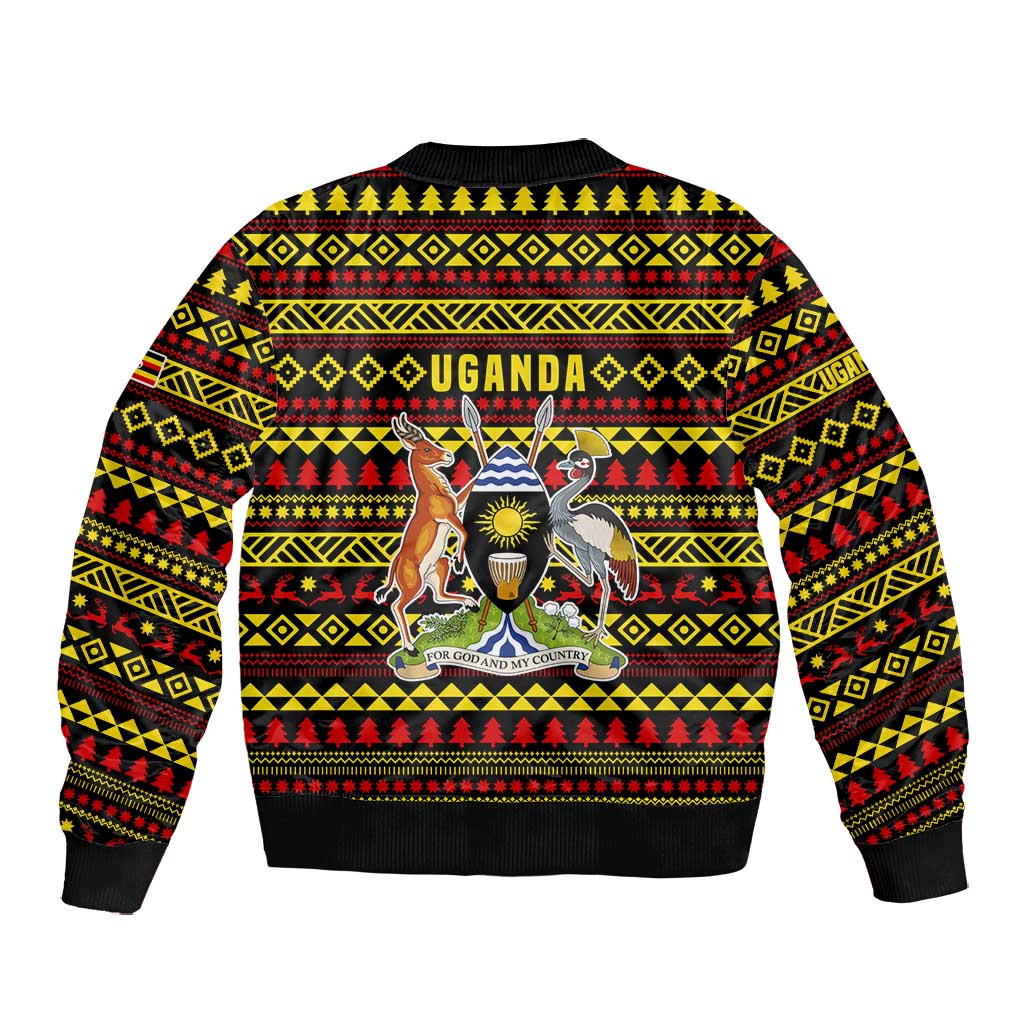 Uganda Christmas Bomber Jacket Flamingo Lights Uganda Flag and Black Red Yellow - African Pride