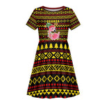 Uganda Christmas Kid Short Sleeve Dress Flamingo Lights Uganda Flag and Black Red Yellow - African Pride