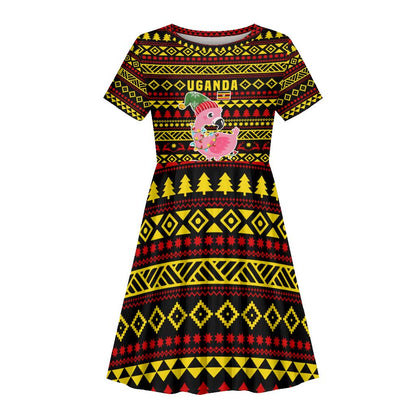 Uganda Christmas Kid Short Sleeve Dress Flamingo Lights Uganda Flag and Black Red Yellow - African Pride
