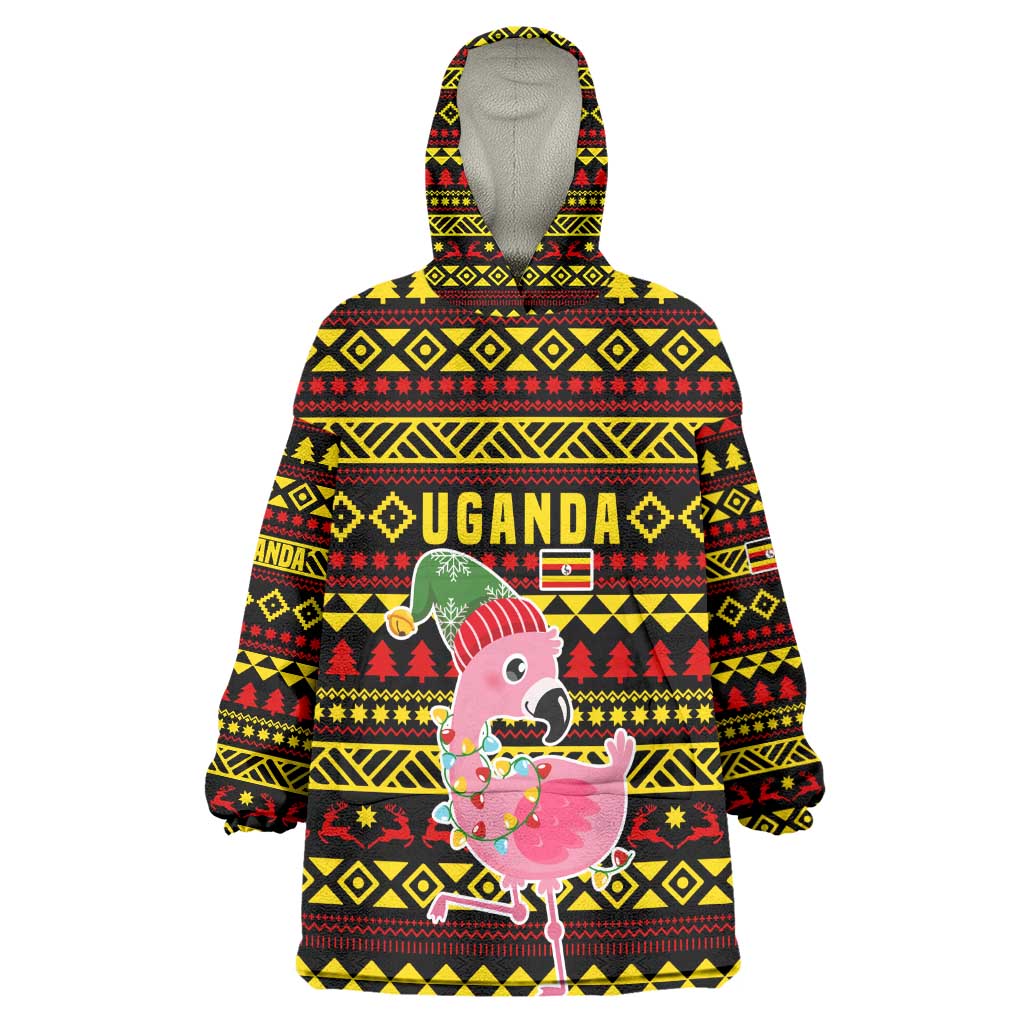 Uganda Christmas Kid Wearable Blanket Hoodie Flamingo Lights Uganda Flag and Black Red Yellow - African Pride