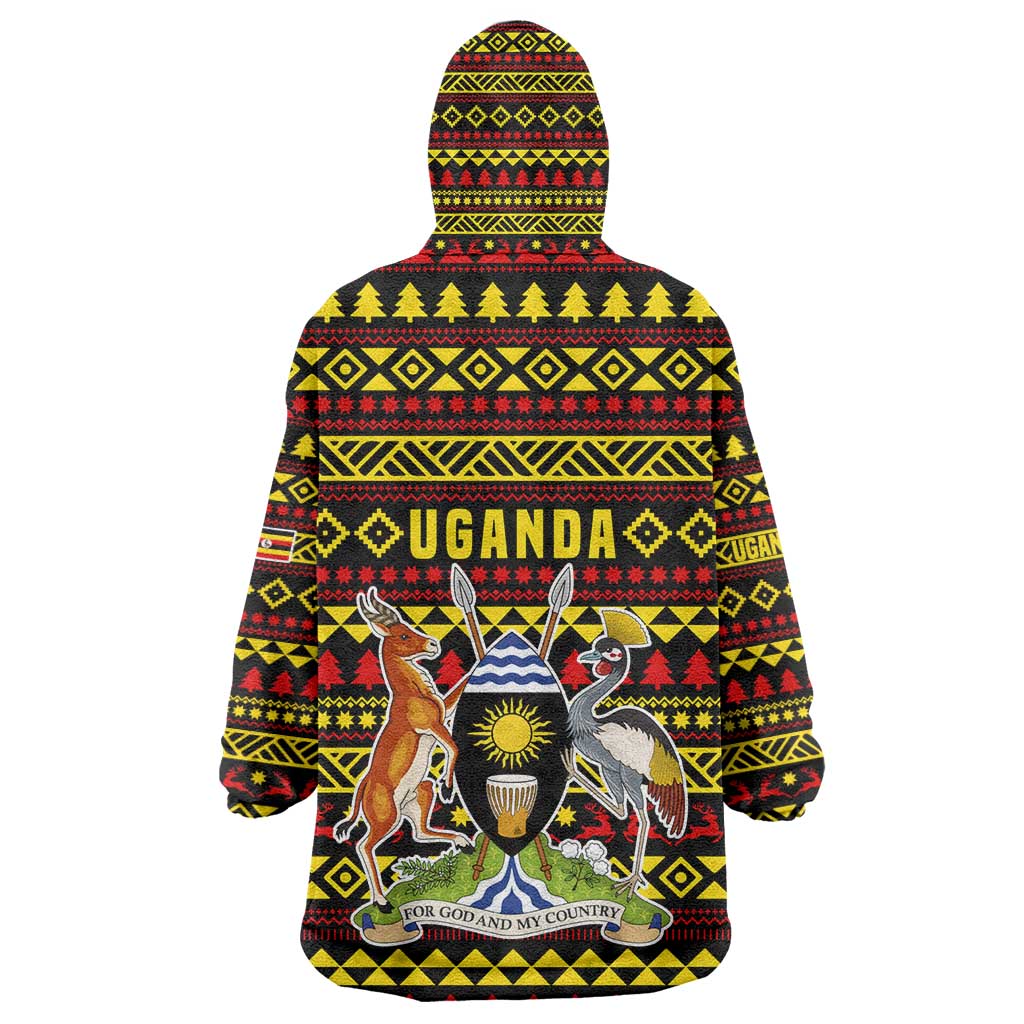Uganda Christmas Kid Wearable Blanket Hoodie Flamingo Lights Uganda Flag and Black Red Yellow - African Pride