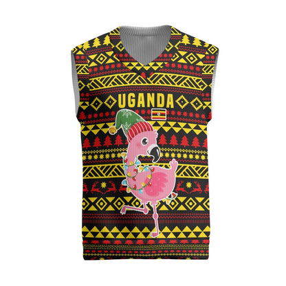 Uganda Christmas Knitted V-Neck Vest Flamingo Lights Uganda Flag and Black Red Yellow - African Pride