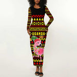 Uganda Christmas Long Sleeve Bodycon Dress Flamingo Lights Uganda Flag and Black Red Yellow - African Pride