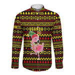 Uganda Christmas Long Sleeve Button Shirt Flamingo Lights Uganda Flag and Black Red Yellow - African Pride