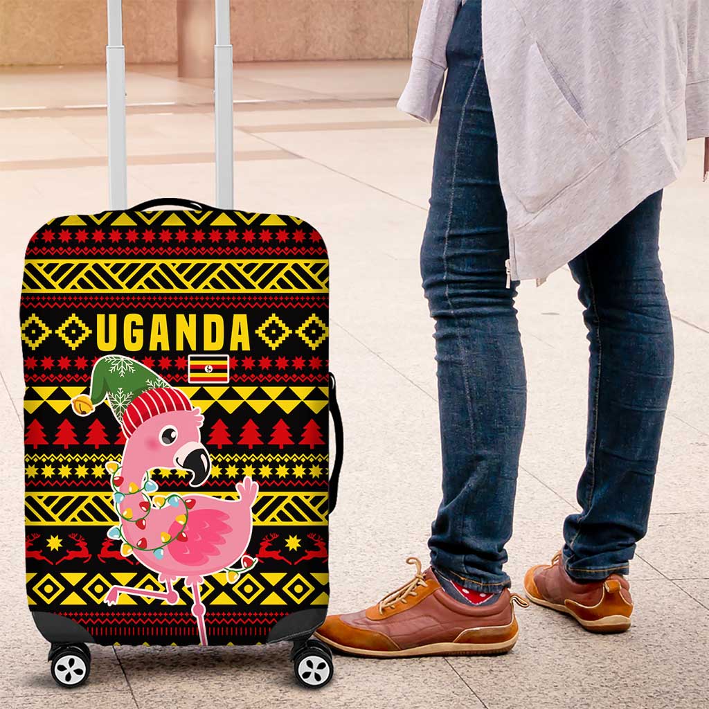 Uganda Christmas Luggage Cover Flamingo Lights Uganda Flag and Black Red Yellow - African Pride