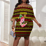 Uganda Christmas Off Shoulder Short Dress Flamingo Lights Uganda Flag and Black Red Yellow - African Pride