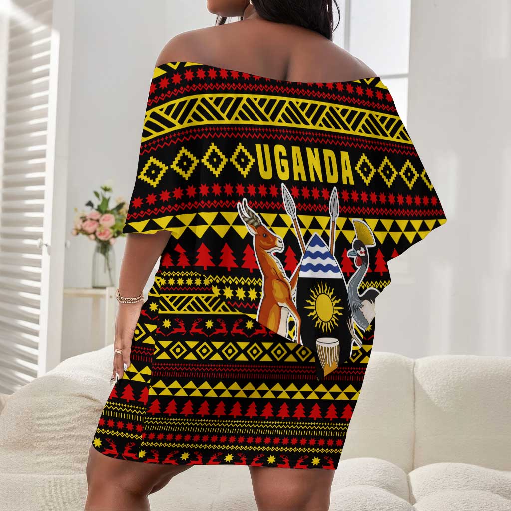Uganda Christmas Off Shoulder Short Dress Flamingo Lights Uganda Flag and Black Red Yellow - African Pride