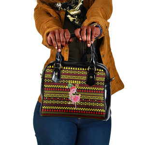 Uganda Christmas Shoulder Handbag Flamingo Lights Uganda Flag and Black Red Yellow - African Pride