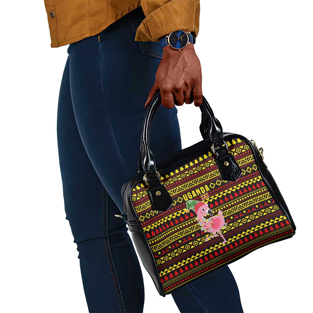 Uganda Christmas Shoulder Handbag Flamingo Lights Uganda Flag and Black Red Yellow - African Pride