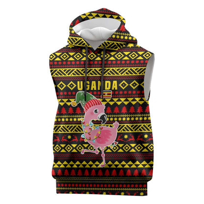 Uganda Christmas Sleeveless Hoodie Flamingo Lights Uganda Flag and Black Red Yellow - African Pride