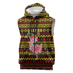 Uganda Christmas Sleeveless Zip Hoodie Flamingo Lights Uganda Flag and Black Red Yellow - African Pride
