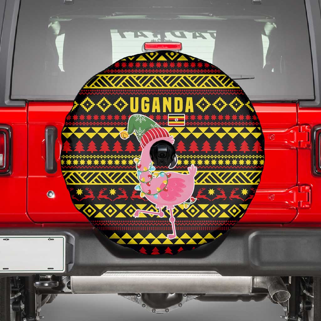 Uganda Christmas Spare Tire Cover Flamingo Lights Uganda Flag and Black Red Yellow - African Pride