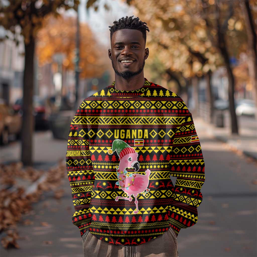 Uganda Christmas Sweatshirt Flamingo Lights Uganda Flag and Black Red Yellow - African Pride