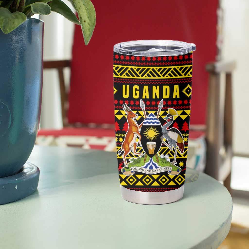 Uganda Christmas Tumbler Cup Flamingo Lights Uganda Flag and Black Red Yellow - African Pride