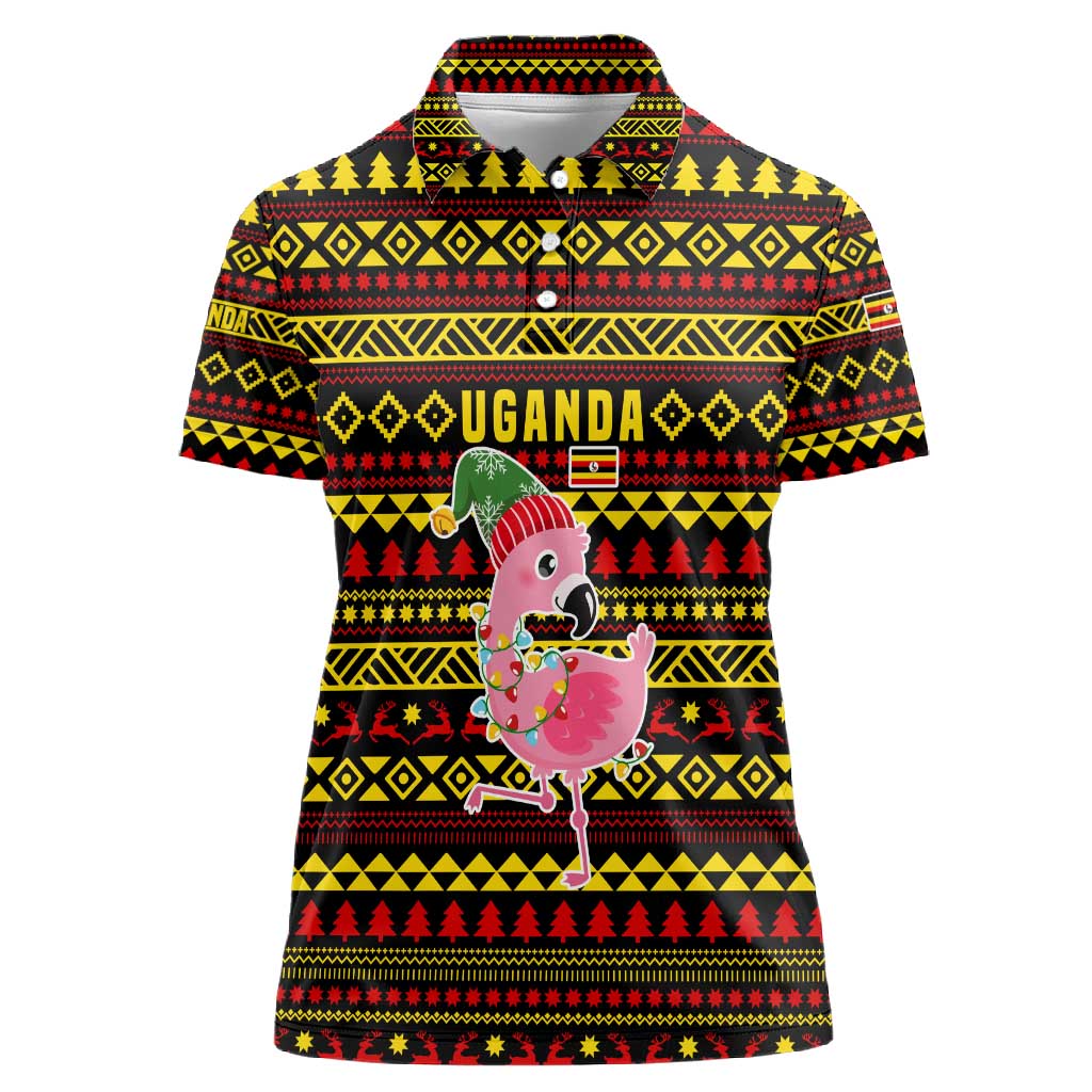 Uganda Christmas Women Polo Shirt Flamingo Lights Uganda Flag and Black Red Yellow - African Pride