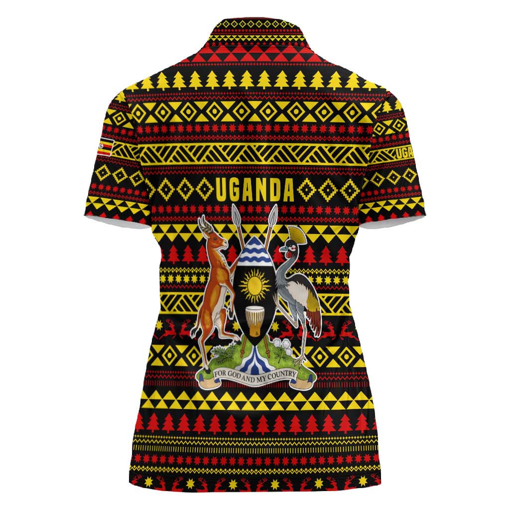 Uganda Christmas Women Polo Shirt Flamingo Lights Uganda Flag and Black Red Yellow - African Pride