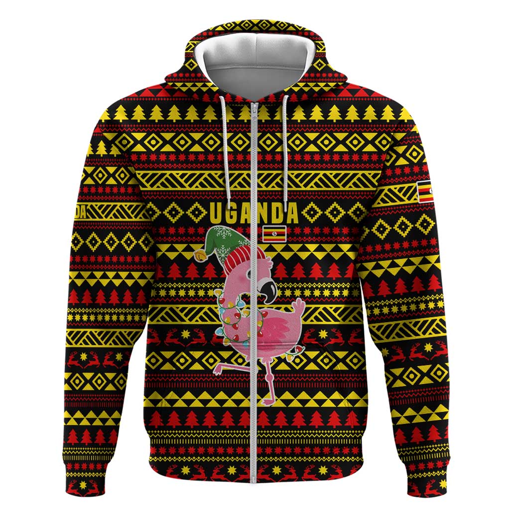 Uganda Christmas Zip Hoodie Flamingo Lights Uganda Flag and Black Red Yellow - African Pride