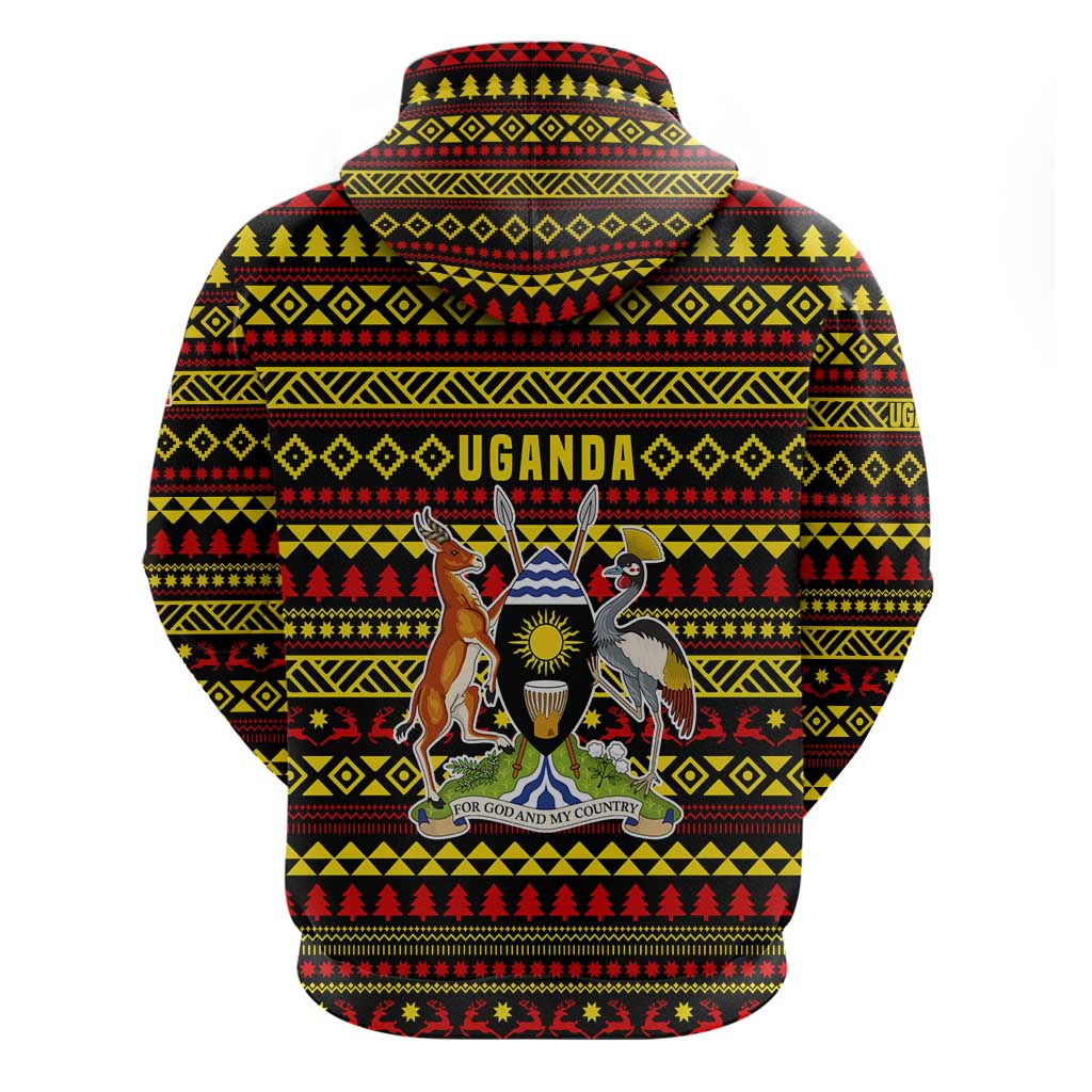 Uganda Christmas Zip Hoodie Flamingo Lights Uganda Flag and Black Red Yellow - African Pride