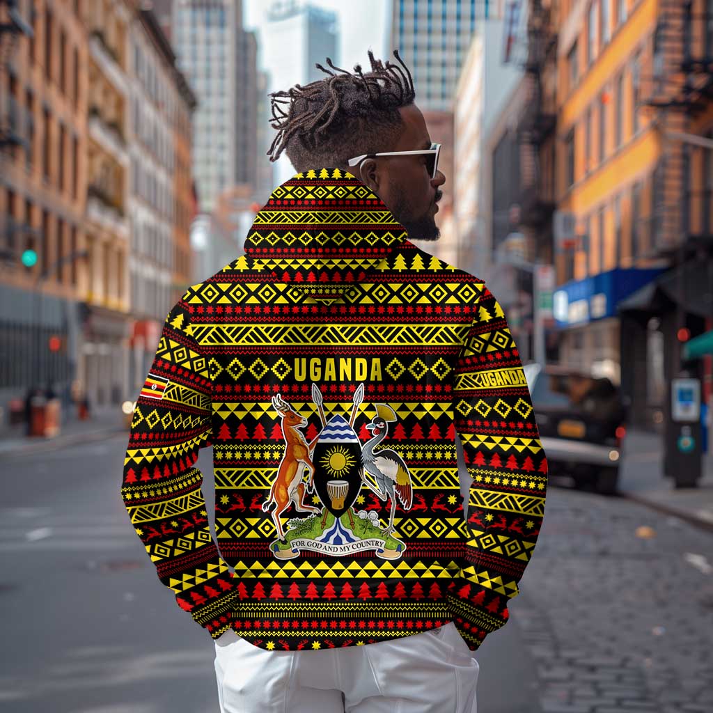 Uganda Christmas Zip Hoodie Flamingo Lights Uganda Flag and Black Red Yellow - African Pride