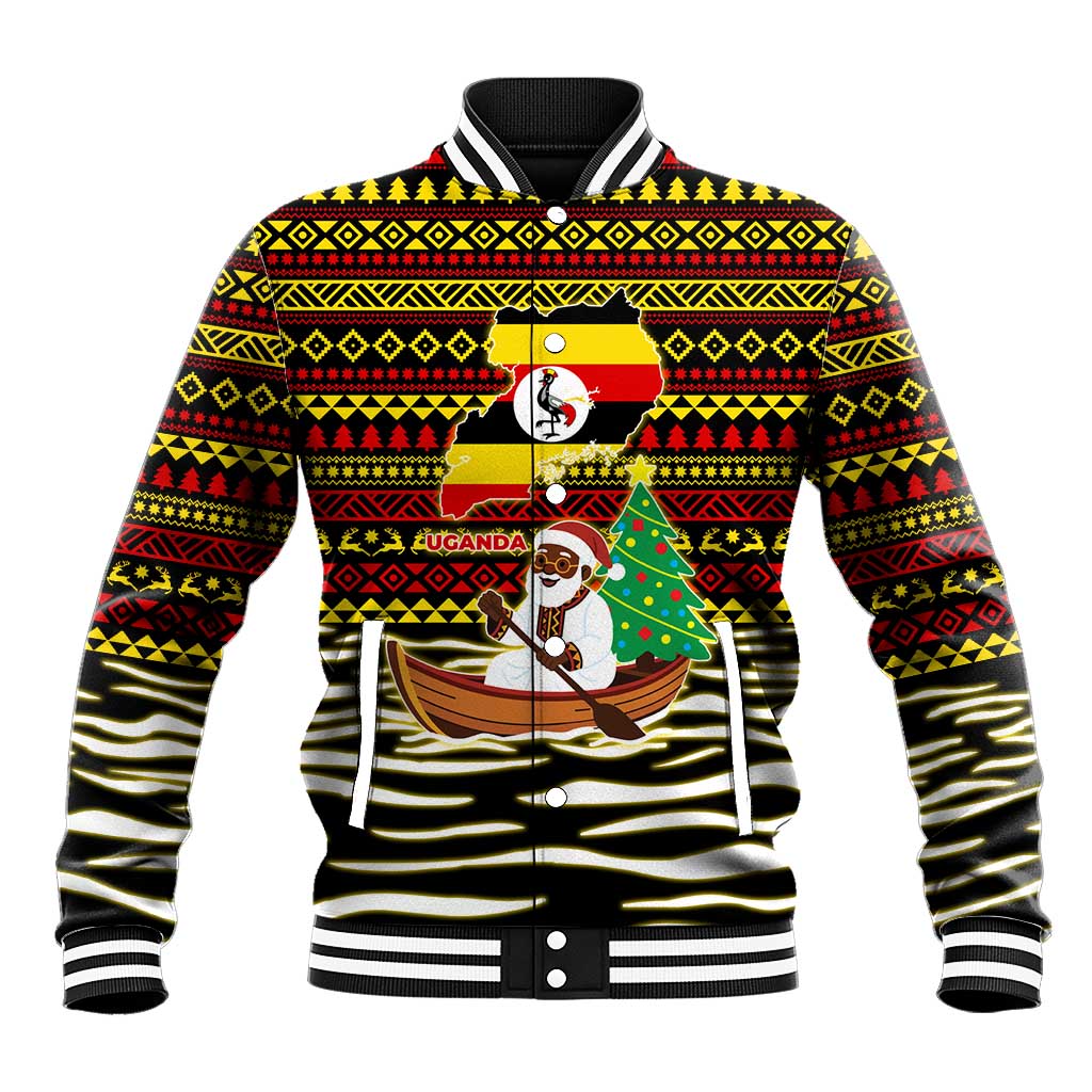 Uganda Christmas Baseball Jacket Santa in Canoe Christmas Tree Uganda Map Flag - African Pride