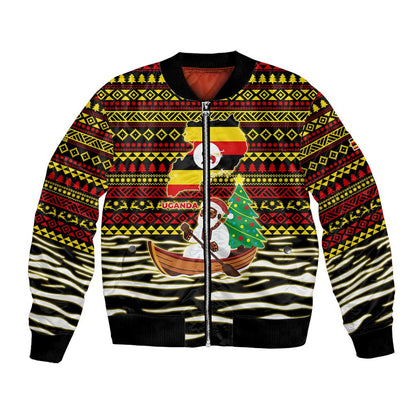 Uganda Christmas Bomber Jacket Santa in Canoe Christmas Tree Uganda Map Flag - African Pride