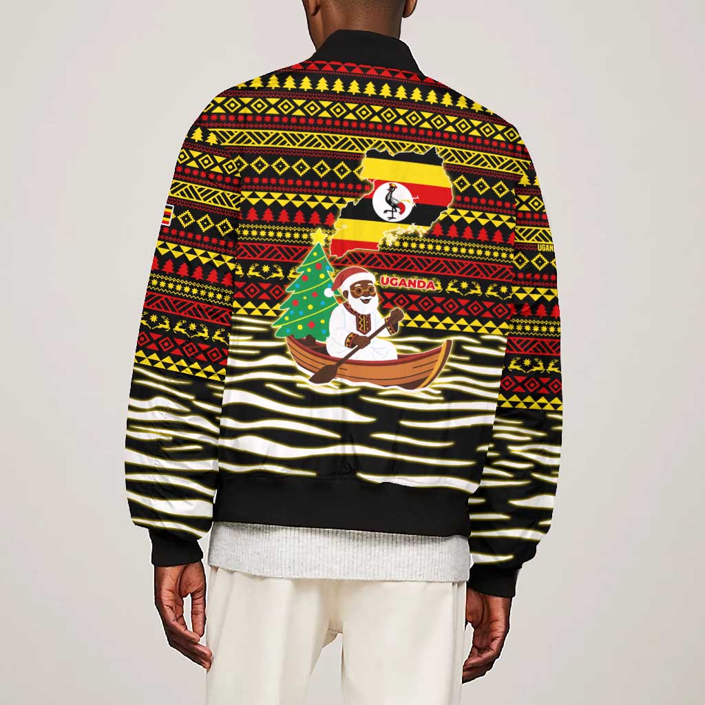 Uganda Christmas Bomber Jacket Santa in Canoe Christmas Tree Uganda Map Flag - African Pride