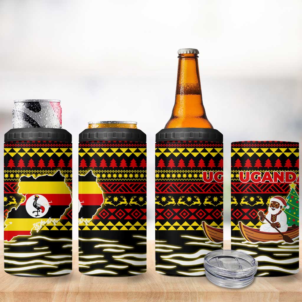 Uganda Christmas 4 in 1 Can Cooler Tumbler Santa in Canoe Christmas Tree Uganda Map Flag - African Pride