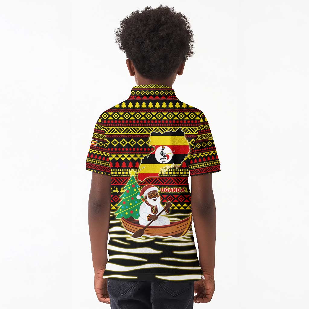 Uganda Christmas Kid Polo Shirt Santa in Canoe Christmas Tree Uganda Map Flag - African Pride