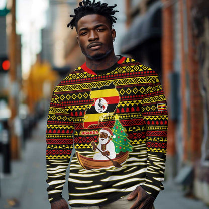 Uganda Christmas Long Sleeve Shirt Santa in Canoe Christmas Tree Uganda Map Flag - African Pride